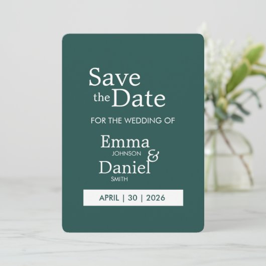 Moderne Minimalistische Donkergroene Save the Date (Staand voorkant)