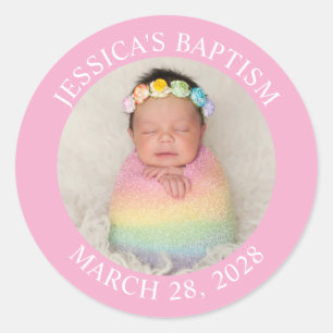 Moderne Minimalistische Doop Cirkel Foto Roze Ronde Sticker