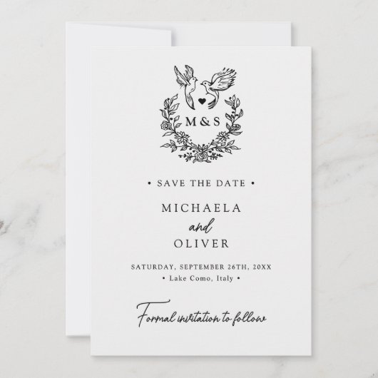Moderne minimalistische duiven Elegant Script Wedd Save The Date (Voorkant)