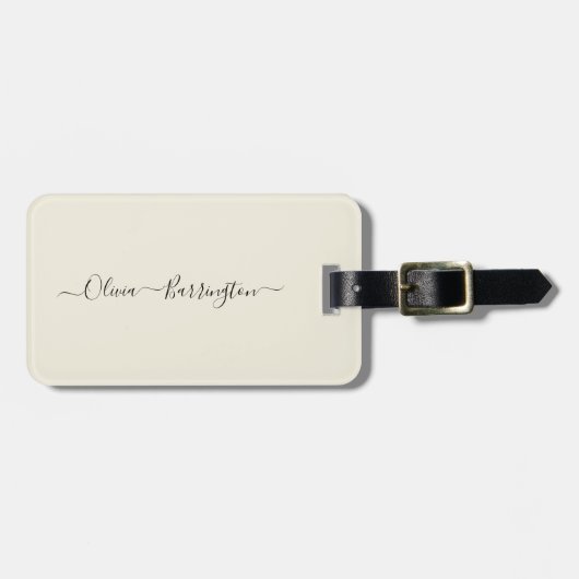 Moderne minimalistische Ecru White Script aangepas Bagagelabel (Voorkant horizontaal)