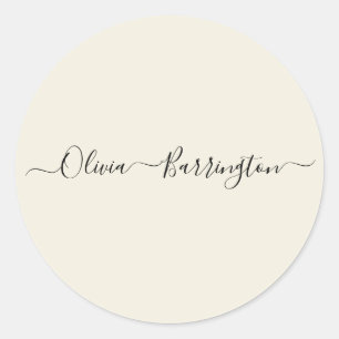 Moderne minimalistische Ecru White Script aangepas Ronde Sticker