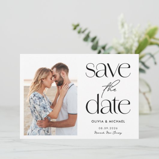 Moderne minimalistische eenvoudige chique foto bru save the date (Staand voorkant)