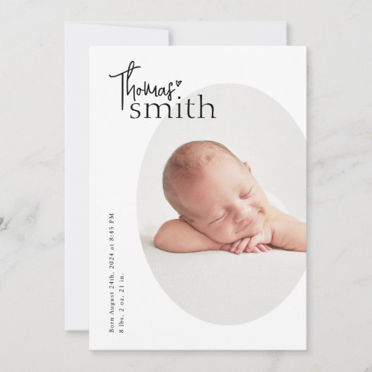 Moderne Minimalistische Eenvoudige Ovale Foto Baby Aankondiging (Voorkant)