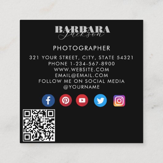 Moderne minimalistische eenvoudige QR-codefotograf Vierkante Visitekaartje (Achterkant)