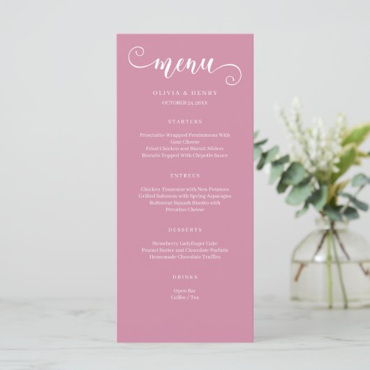 Moderne minimalistische eenvoudige roze bruiloft m menu (Staand voorkant)