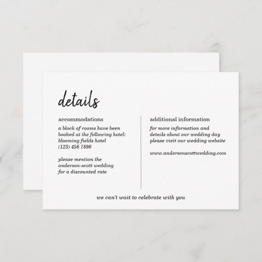Moderne minimalistische eenvoudige script bruiloft informatiekaartje (Voorkant / Achterkant)