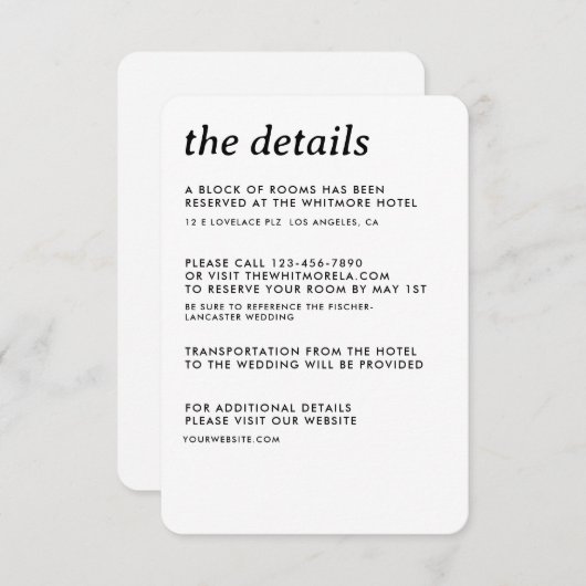 Moderne minimalistische eenvoudige slanke bruiloft informatiekaartje (Voorkant / Achterkant)