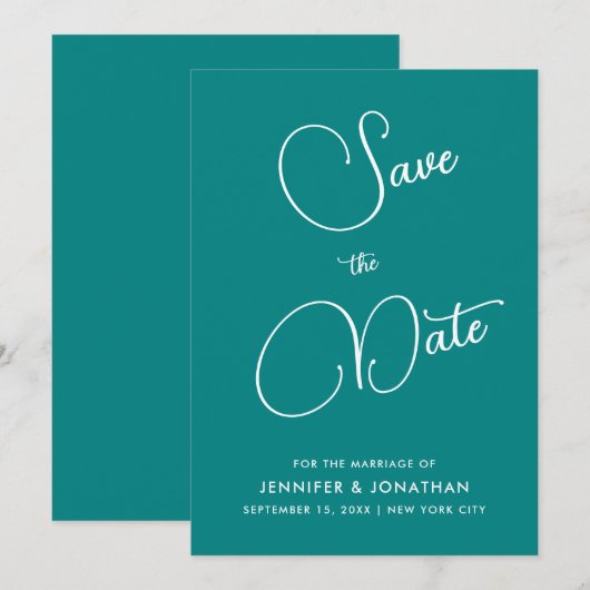 Moderne Minimalistische Elegante Calligrafie Teal Save The Date (Voorkant / Achterkant)