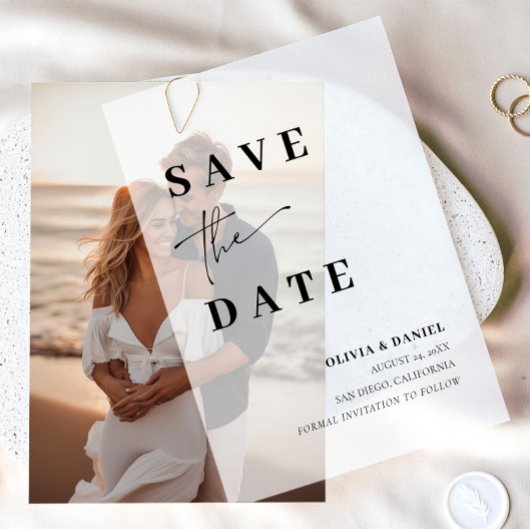 Moderne minimalistische elegante foto Save the Dat Vellum Uitnodigingen