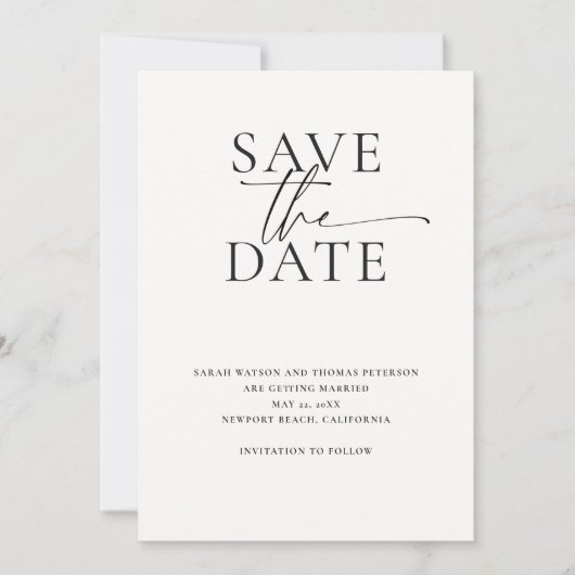 Moderne minimalistische elegante kalligrafie Chic Save The Date (Voorkant)