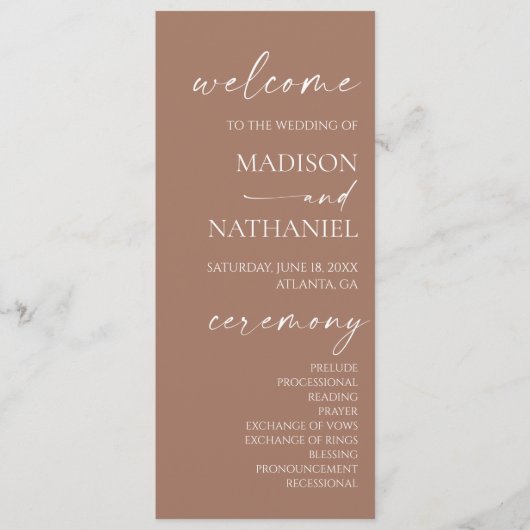 Moderne minimalistische elegante Mocha Mousse brui Programmakaart (Voorkant)