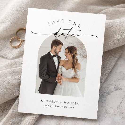 Moderne Minimalistische Elegante Script Boog Foto Save The Date