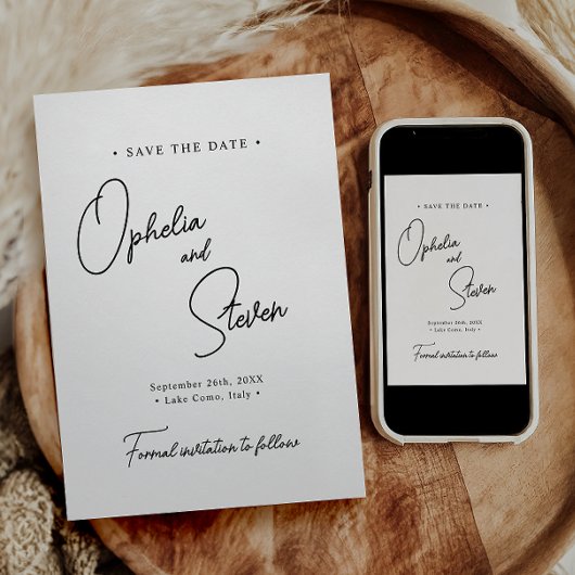 Moderne minimalistische elegante script bruiloft save the date