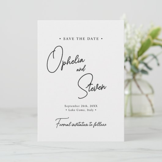 Moderne minimalistische elegante script bruiloft save the date (Staand voorkant)