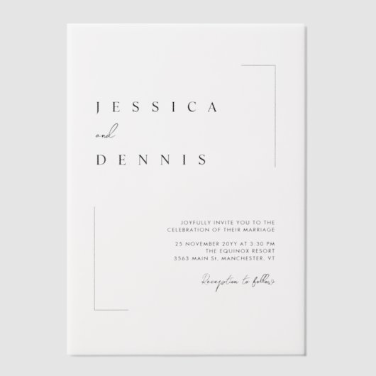 Moderne minimalistische elegante script bruiloft vellum uitnodigingen (Voorkant)