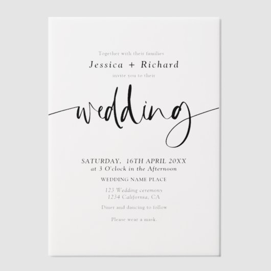 Moderne minimalistische elegante script bruiloft vellum uitnodigingen (Voorkant)