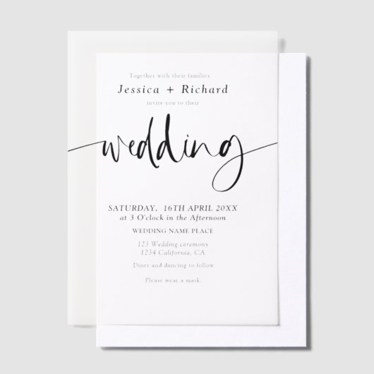 Moderne minimalistische elegante script bruiloft vellum uitnodigingen (Offset)