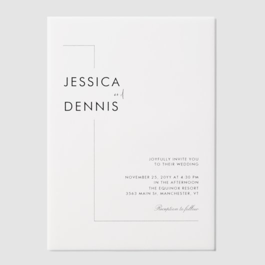 Moderne minimalistische elegante script bruiloft vellum uitnodigingen (Voorkant)