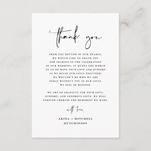 Moderne minimalistische elegante script foto bruil bedankkaart (Achterkant)