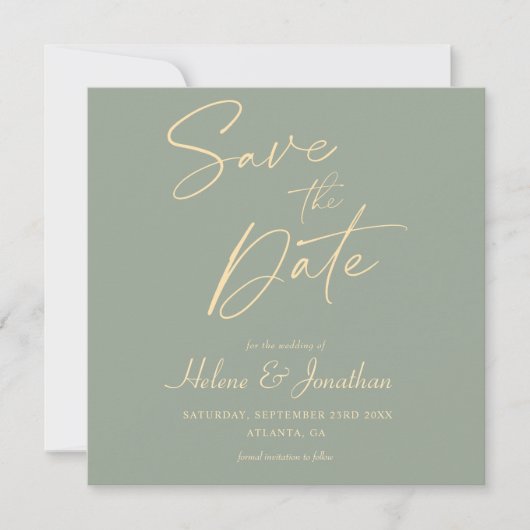 Moderne minimalistische elegante wijze groene brui save the date (Voorkant)