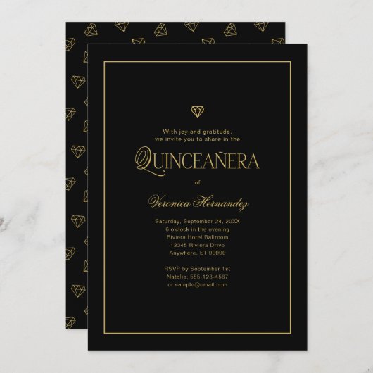 Moderne minimalistische elegante zwart goud Quince Kaart (Voorkant / Achterkant)