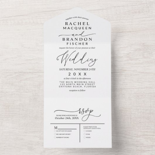 Moderne minimalistische elegante zwart wit bruilof all in one uitnodiging (Binnen)