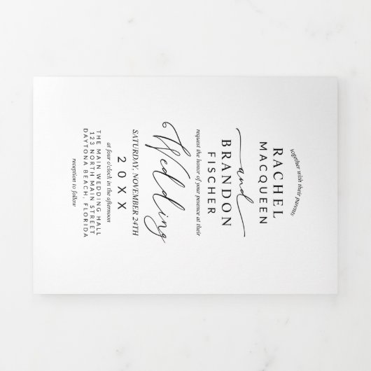 Moderne minimalistische elegante zwart witte bruil drieluik uitnodiging (Cover)