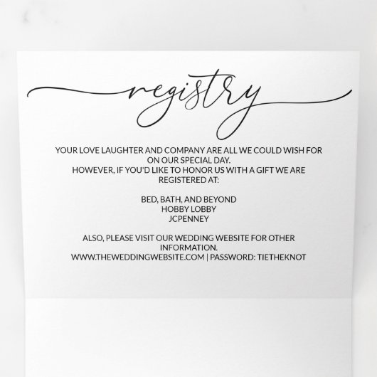 Moderne minimalistische elegante zwart witte bruil drieluik uitnodiging (Binnenzijde eerst)