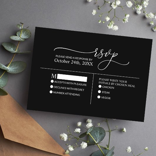 Moderne minimalistische elegante zwart witte bruil RSVP kaartje