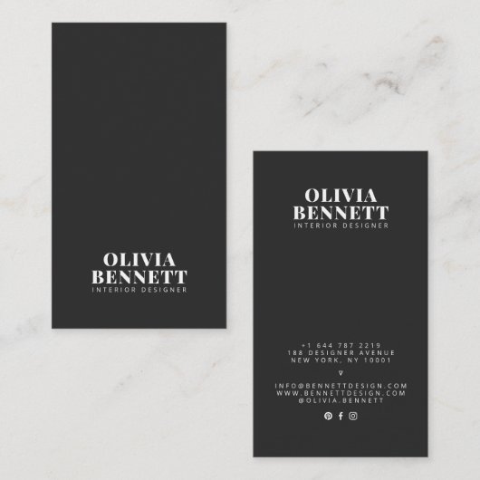 Moderne minimalistische elegante zwarte interieuro visitekaartje (Voorkant / Achterkant)