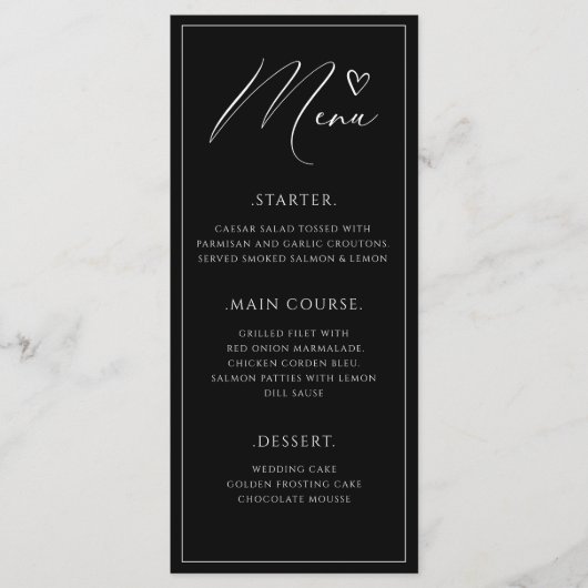 Moderne minimalistische en chique zwart-wit bruilo menu (Voorkant)