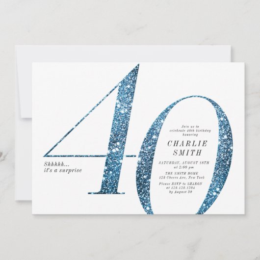 Moderne minimalistische faux blauwe glitter 40e ve kaart (Voorkant)