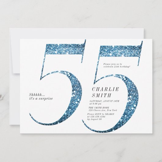 Moderne minimalistische faux blauwe glitter 55e ve kaart (Voorkant)