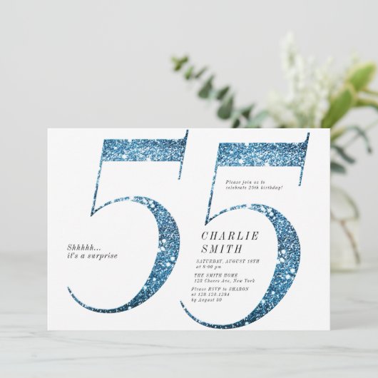 Moderne minimalistische faux blauwe glitter 55e ve kaart (Staand voorkant)