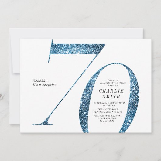 Moderne minimalistische faux blauwe glitter 70ste  kaart (Voorkant)