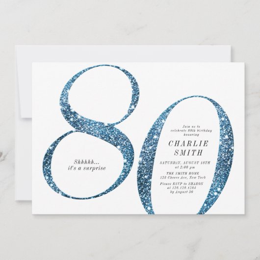 Moderne minimalistische faux blauwe glitter 80ste kaart (Voorkant)