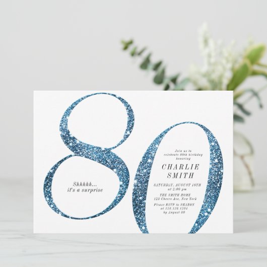 Moderne minimalistische faux blauwe glitter 80ste kaart (Staand voorkant)