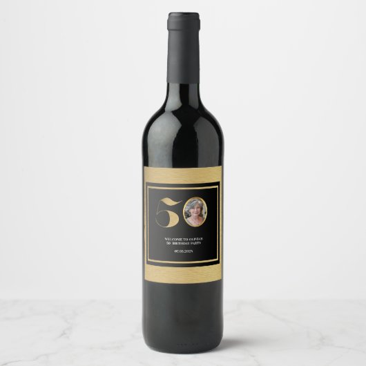 Moderne minimalistische faux gouden glitter 50ste wijn etiket (Voorkant)