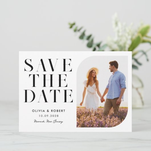 Moderne minimalistische foto 2 bruiloft save the date (Staand voorkant)