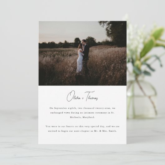 Moderne minimalistische foto bruiloft Elopement Aankondiging (Staand voorkant)