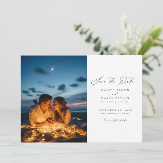 Moderne minimalistische foto bruiloft QR-code Save The Date (Staand voorkant)