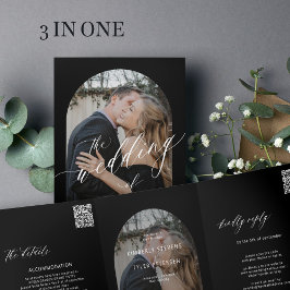 Moderne minimalistische foto bruiloft rsvp details drieluik uitnodiging