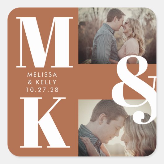 Moderne minimalistische foto bruiloft vet monogram vierkante sticker (Voorkant)