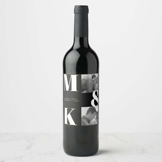Moderne minimalistische foto bruiloft vet monogram wijn etiket (Voorkant)