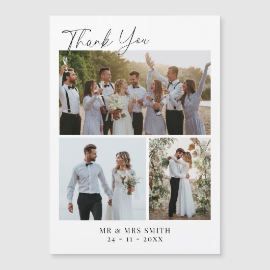 Moderne minimalistische foto collage bruiloft dank magnetische uitnodiging (Voorkant)
