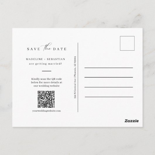 Moderne minimalistische foto-QR-code van Arch Save Briefkaart (Achterkant)