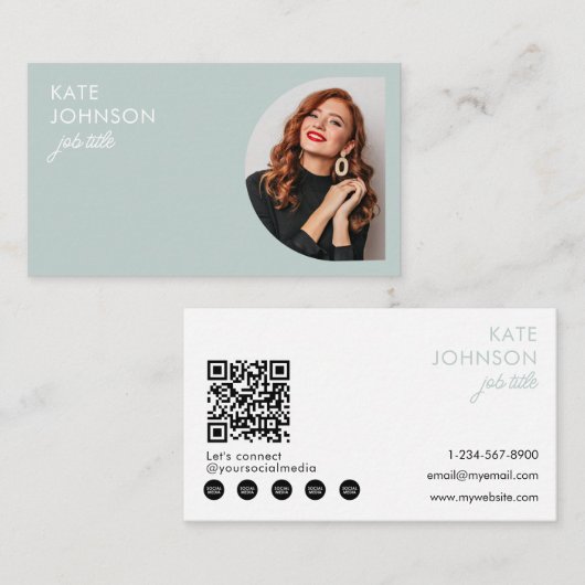 Moderne Minimalistische Foto Sage Groene QR-code Visitekaartje (Voorkant / Achterkant)