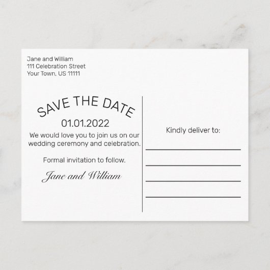 Moderne, minimalistische foto van het witte huweli aankondigingskaart (Achterkant)