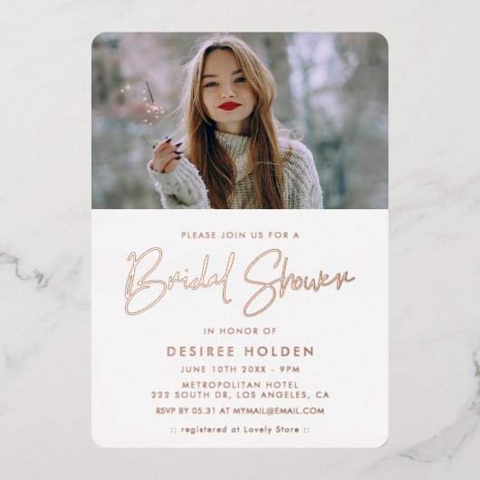 Moderne, minimalistische foto van vrijgezellenfees folie uitnodiging (Voorkant)