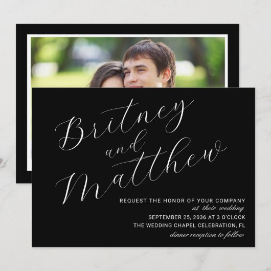 Moderne Minimalistische Foto Zwarte Script Trouw Kaart (Voorkant / Achterkant)